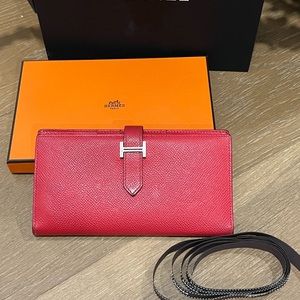 Authentic Hermes bearn gusset epsom wallet dark red long card silver hardware
